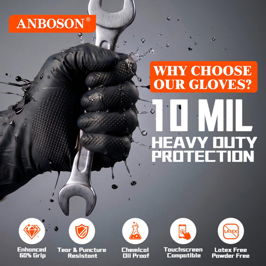 ANBOSON 10 Mil Heavy Duty Mechanic Nitrile Gloves, XLarge Black 100 Count