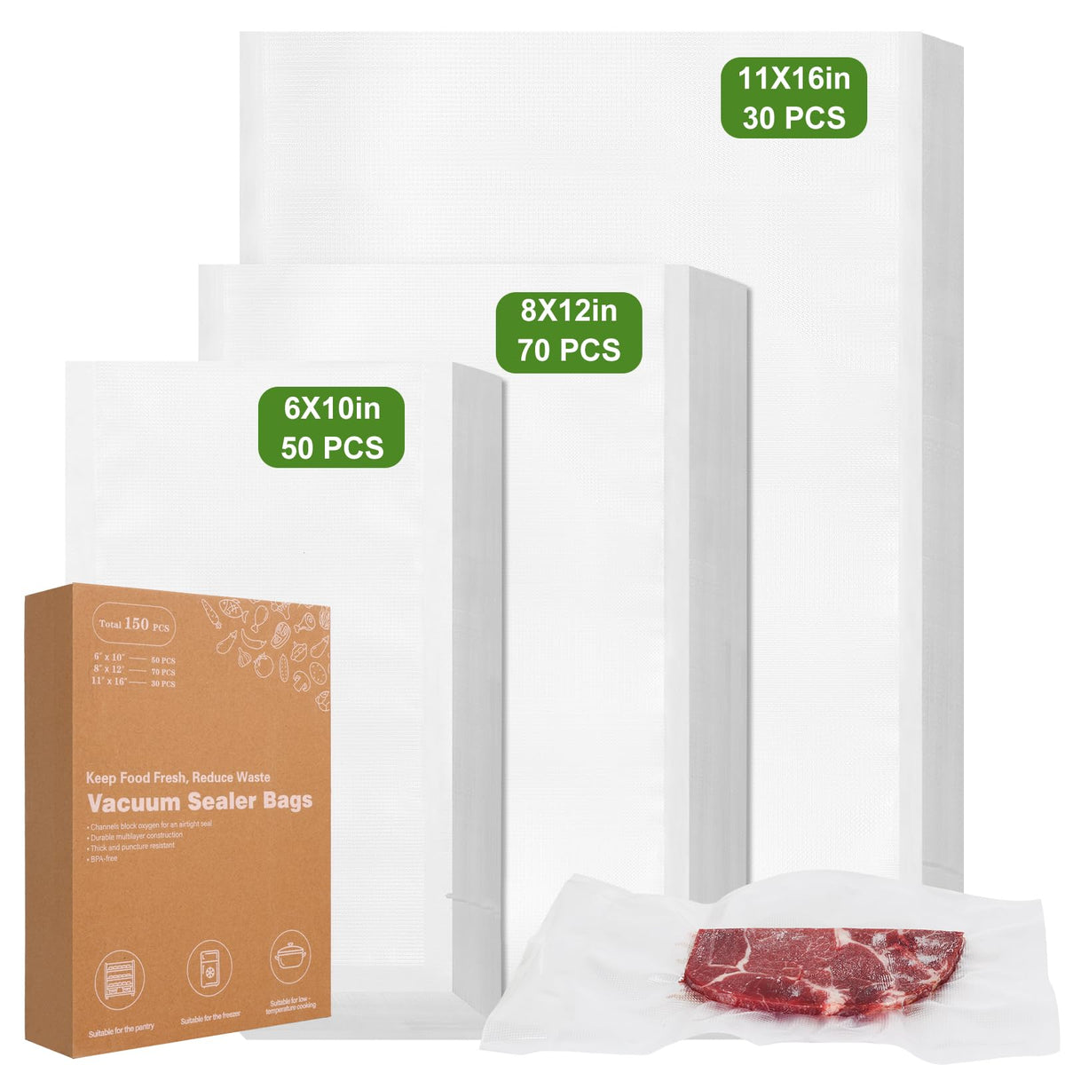 Vacuum Sealer Bags for Food Storage, 150pcs Precut Pint, Quart & Gallon