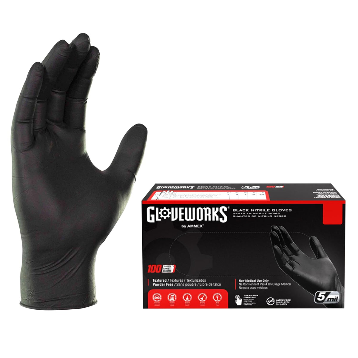 GLOVEWORKS Nitrile Gloves Disposable 5 mil Black Size Large Box of 100