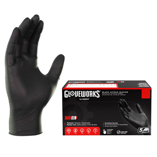 GLOVEWORKS Black Nitrile Gloves 5 Mil Disposable for Food Service, Cooking, Professional Cleaning, Size XL, Box of 100