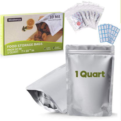 60pcs 1 Quart Mylar Bags for Food Storage Extra Thick 10 Mil