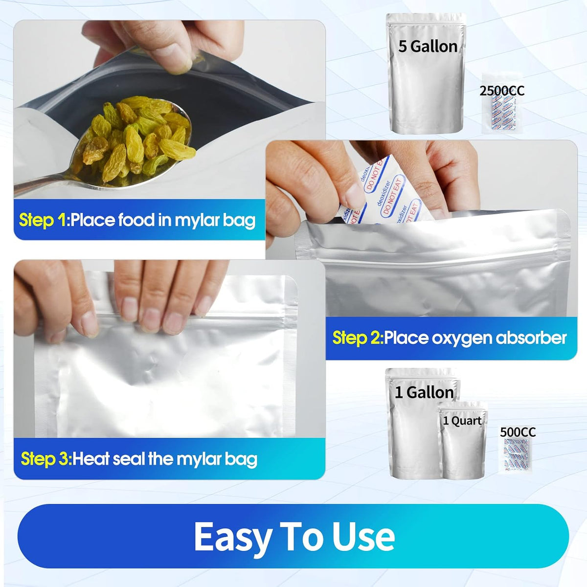 15 Mil 5 Gallon Mylar Bags for Food Storage with 2500cc Oxygen Absorbers
