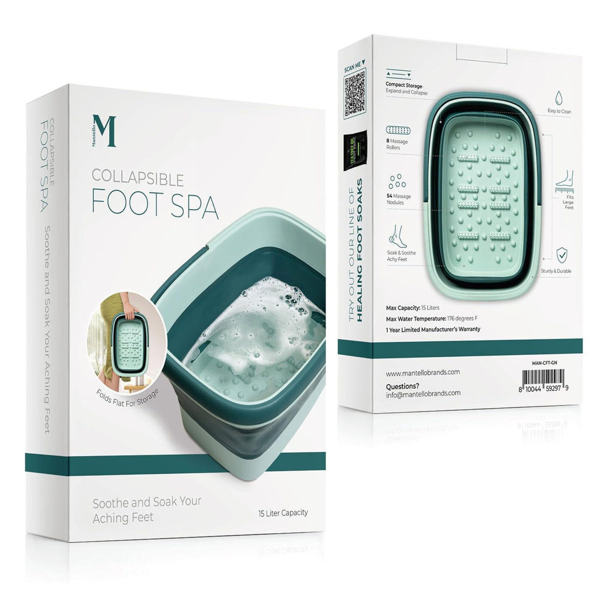 Mantello Collapsible Foot Bath Foot Soaking Tub | Portable Foot Spa Pedicure Bowl | Large Basin to Soak & Wash Feet | Folding Bucket with Carry Handle | White & Grey, Blue, Green [Green]