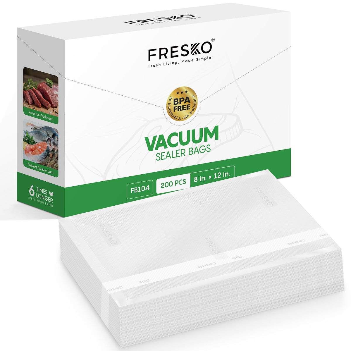 FRESKO Vacuum Sealer Bags, Precut Food Storage Bags, 200 Quart, 8"x12"