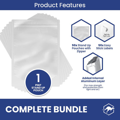 Wallaby 1-Pint Gusset 11 Mil Thick Mylar Bags, Zipper, Labels (50-Pack)