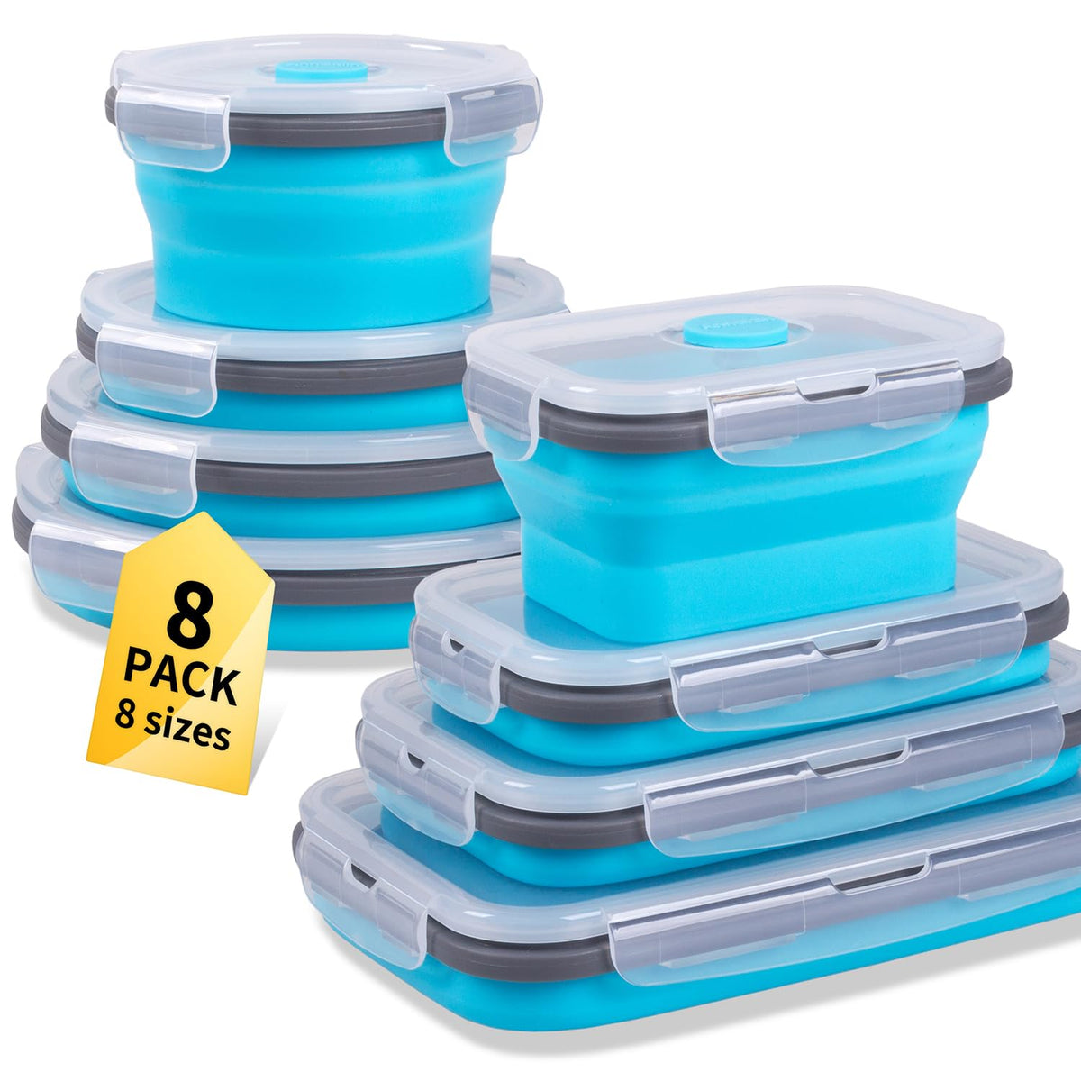 Collapsible Food Storage Containers with Lid & Air Vent, 8 Pack, 4 Rectangular + 4 Round, Annaklin Foldable Silicone Lunch Containers Collapsible Bowls Set, Microwave Freezer Dishwasher Safe, 4 Colors