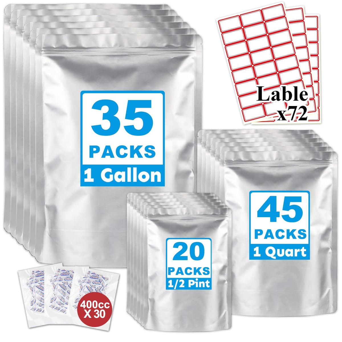 Mylar Bags 4Gallon 30PCS 14"X20" for Food Storage with Oxygen Absorbers&Labels,10Mil Thick Resealable Zipper&Heat Seal Stand Up Pouches for Packaging Long Term,Dried Food,BPA Free