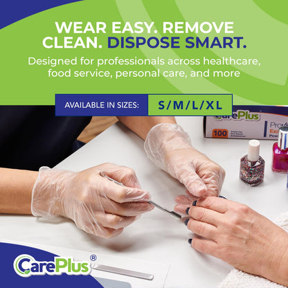 CARE PLUS Vinyl Gloves Clear Medium, Disposable Latex Free, 100 Count