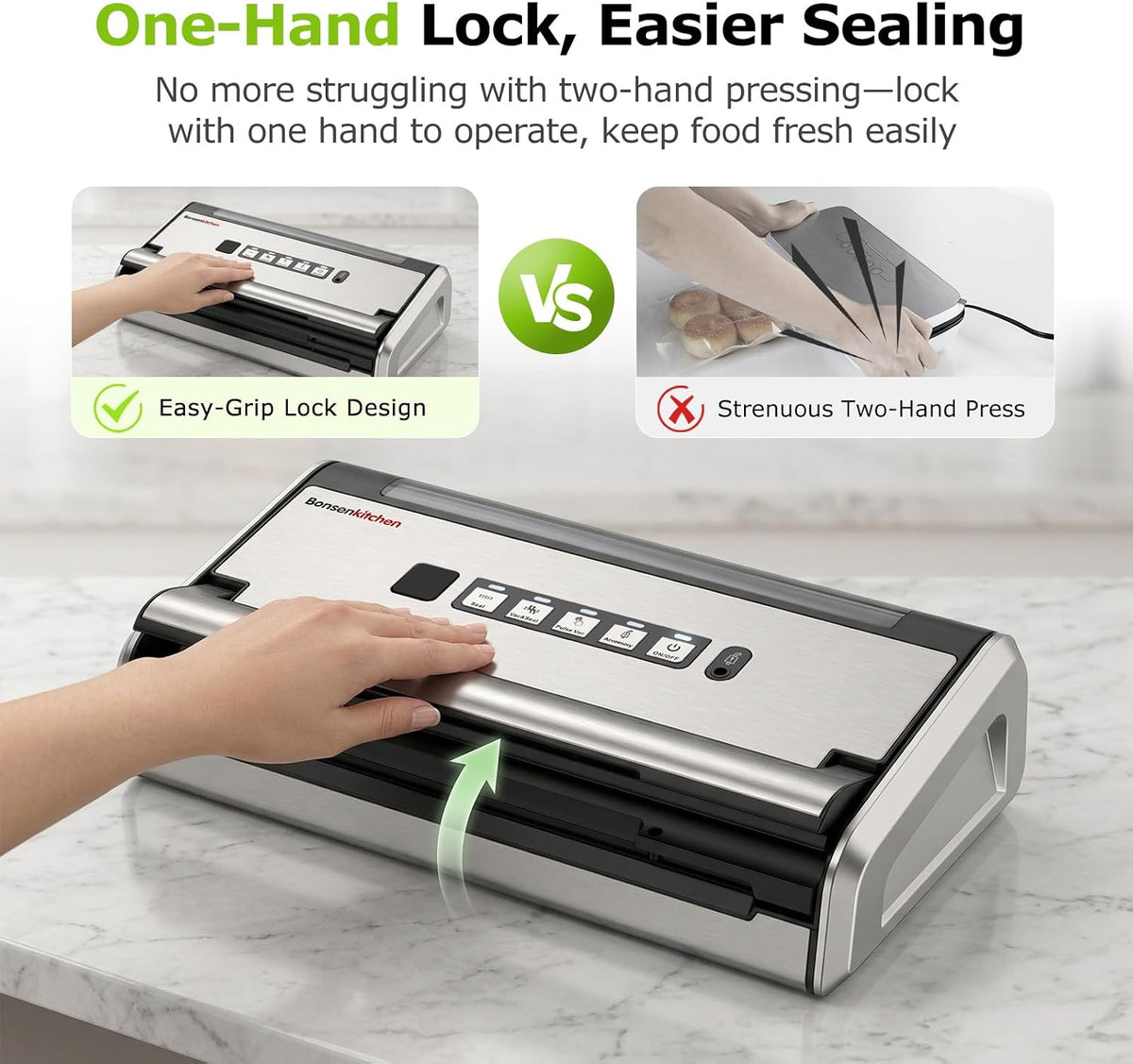 Bonsenkitchen Vacuum Sealer for Food, Stainless Steel, 0.2-inch Wider Seal