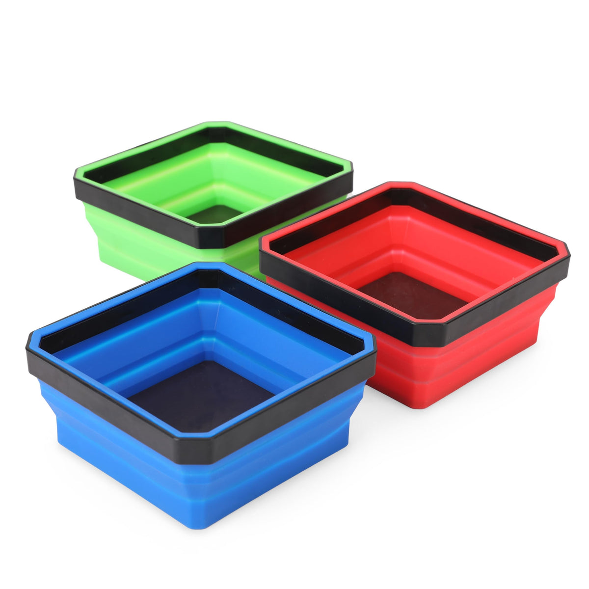 PR1ME Collapsible Magnetic Parts Tray Set, Foldable Magnetic Tray, 3 Pieces 4.25 inch Square Silicone Bowls with Magnetic Base Stores and Organizes Small Parts and Tools