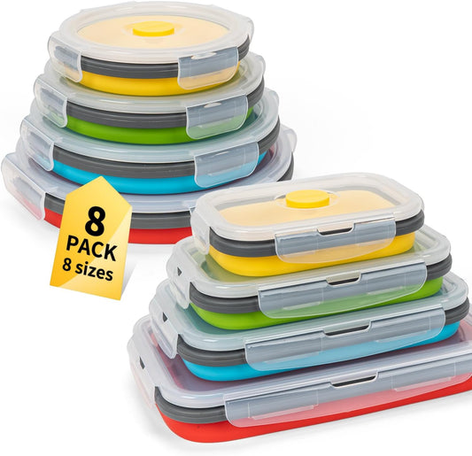 Collapsible Food Storage Containers with Lid & Air Vent, 8 Pack, 4 Rectangular + 4 Round, Annaklin Foldable Silicone Lunch Containers Collapsible Bowls Set, Microwave Freezer Dishwasher Safe, 4 Colors