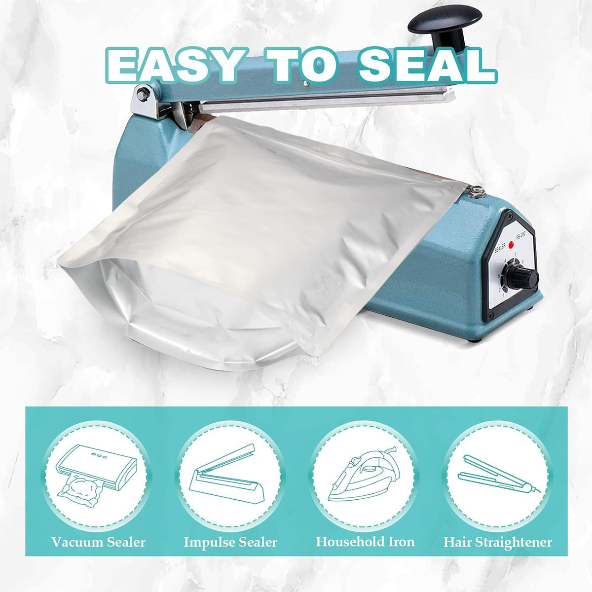 100pcs Mylar Bags for Food Storage 12 Mil Thick with 150x400cc Oxygen Absorbers & Labels, 3 Sizes (1 Gallon, 1 Quart, 1/2 Pint) - Stand-Up, Resealable & Heat Sealable for Long Term Food Storage
