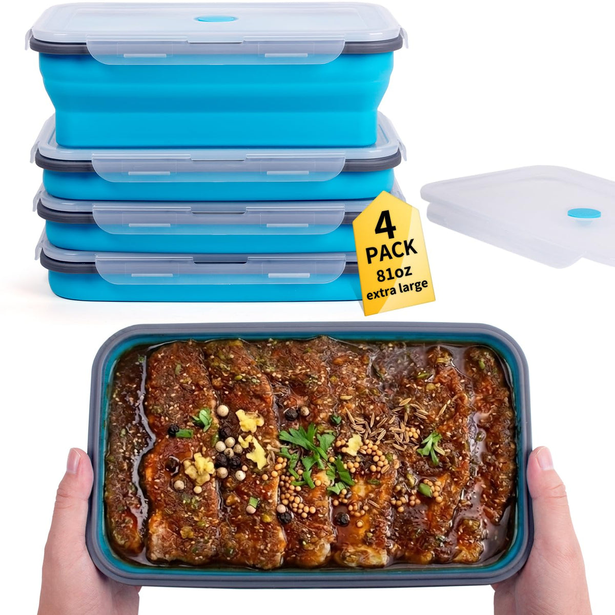 Collapsible Food Storage Containers with Lid & Air Vent, 8 Pack, 4 Rectangular + 4 Round, Annaklin Foldable Silicone Lunch Containers Collapsible Bowls Set, Microwave Freezer Dishwasher Safe, 4 Colors