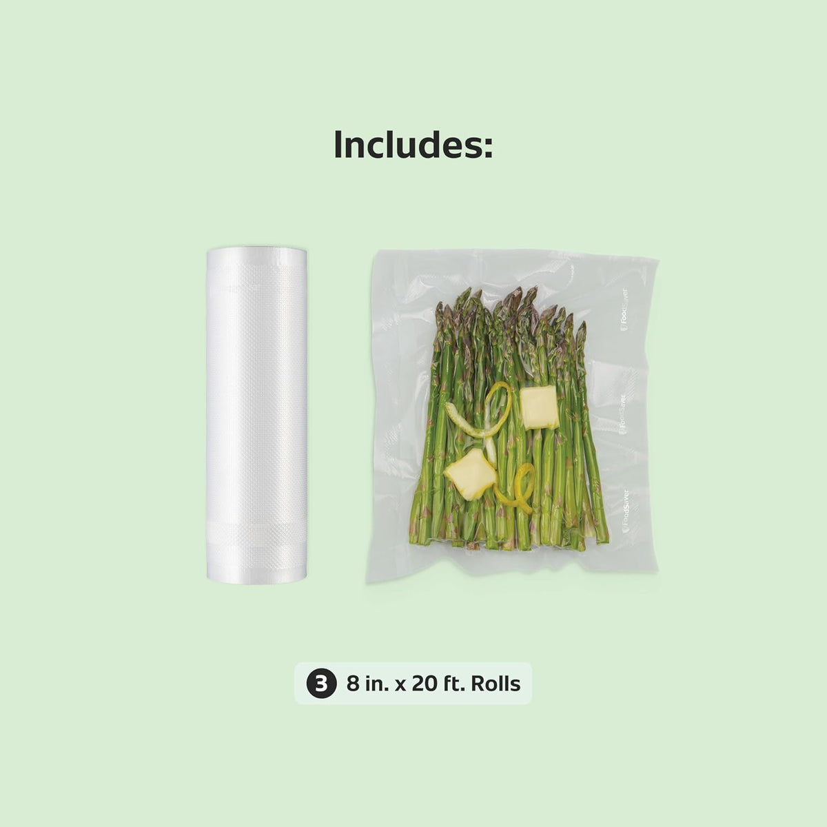 FoodSaver Custom Fit Airtight Food Storage and Sous Vide Vacuum Sealer Bags, 8 x 20' (Pack of 3), Perfect for Meal Prep and Sous Vide Cooking
