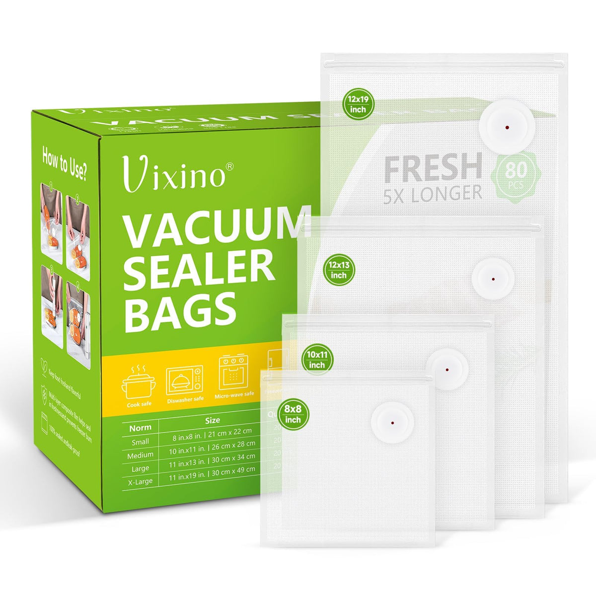 Vixino Vacuum Sealer Bags, 40 Reusable Vacuum Sealer Bags for Food, BPA-Free, Meal Prep and Sous Vide Cooking,Works for Handheld Sealer and Vac Sealer Machine with External Vacuum Systems