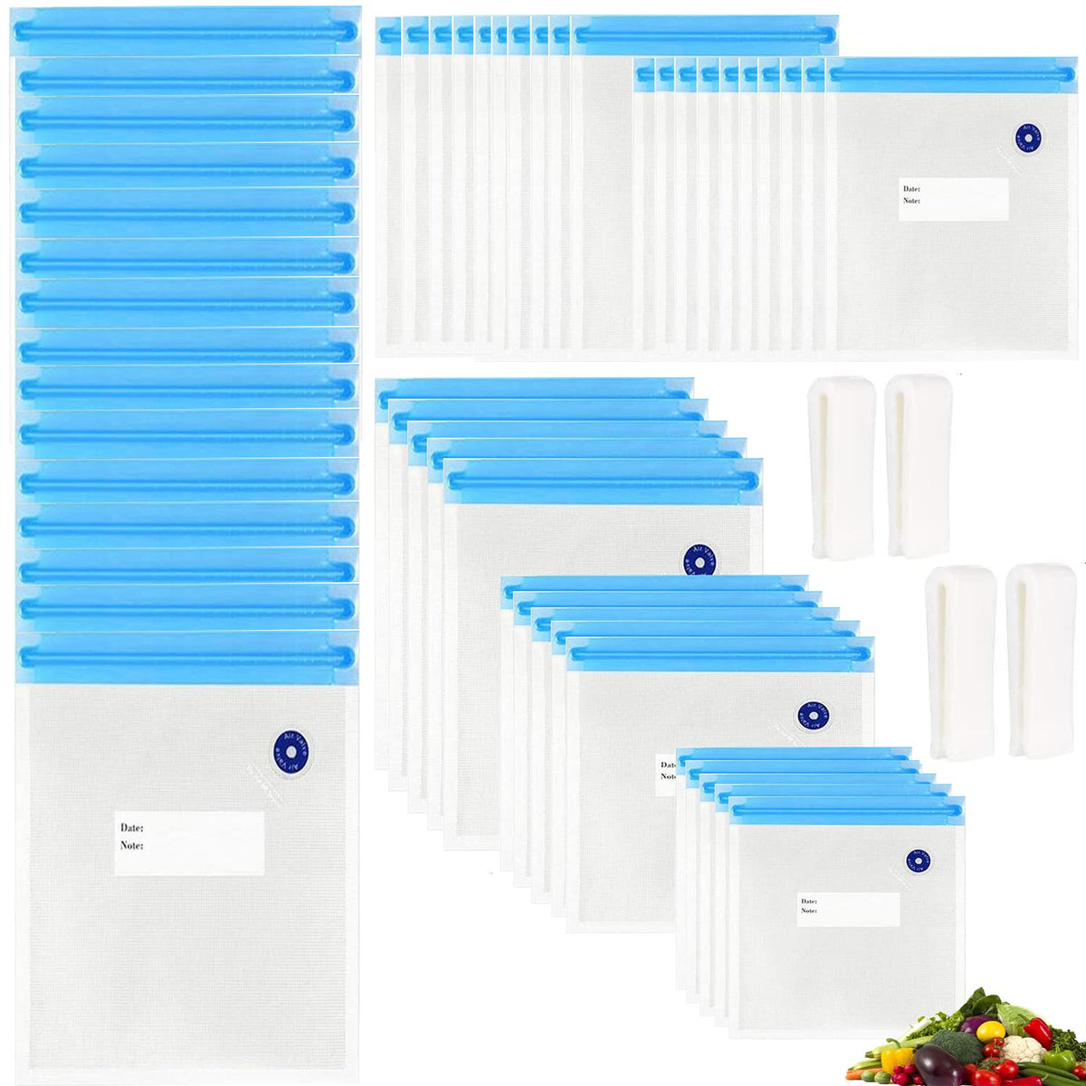Sous Vide Bags 20pack Reusable Vacuum Food Storage Bags with 3 Sizes Vacuum Food Bags,1 Hand Pump,4 Sealing Clips for Food Storage and Sous Vide Cooking (Green Kit)