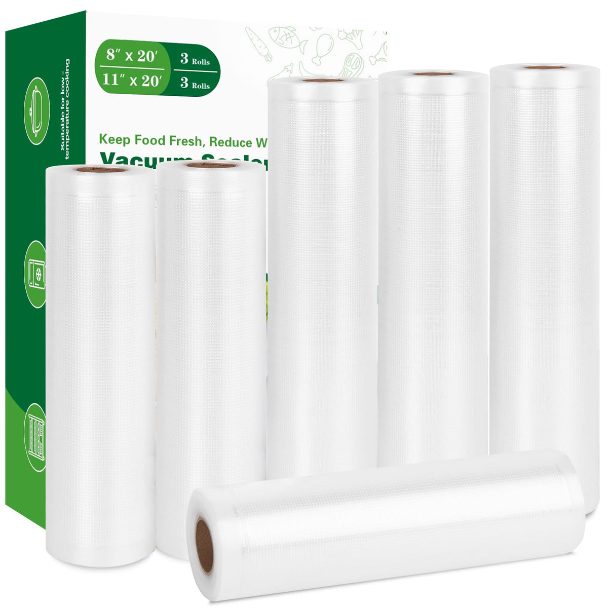 Vacuum Sealer Bags for Food Storage, 6 Rolls 11" x 20', Cut-to-Size Bags