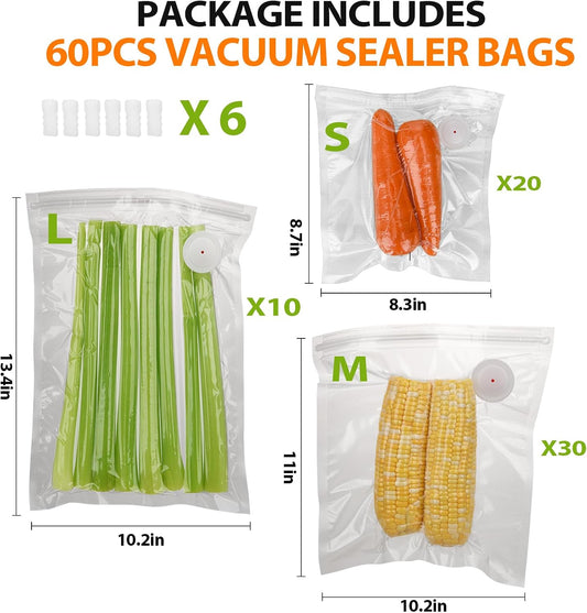 60 PCS Vacuum Sealer Bags for Food, BPA-Free Reusable Vacuum Zipper Bags with Upgraded Air Valve, Sous Vide & Meal Prep Vacuum Storage Bags, Compatible with Handheld & External Vacuum Sealer Machines