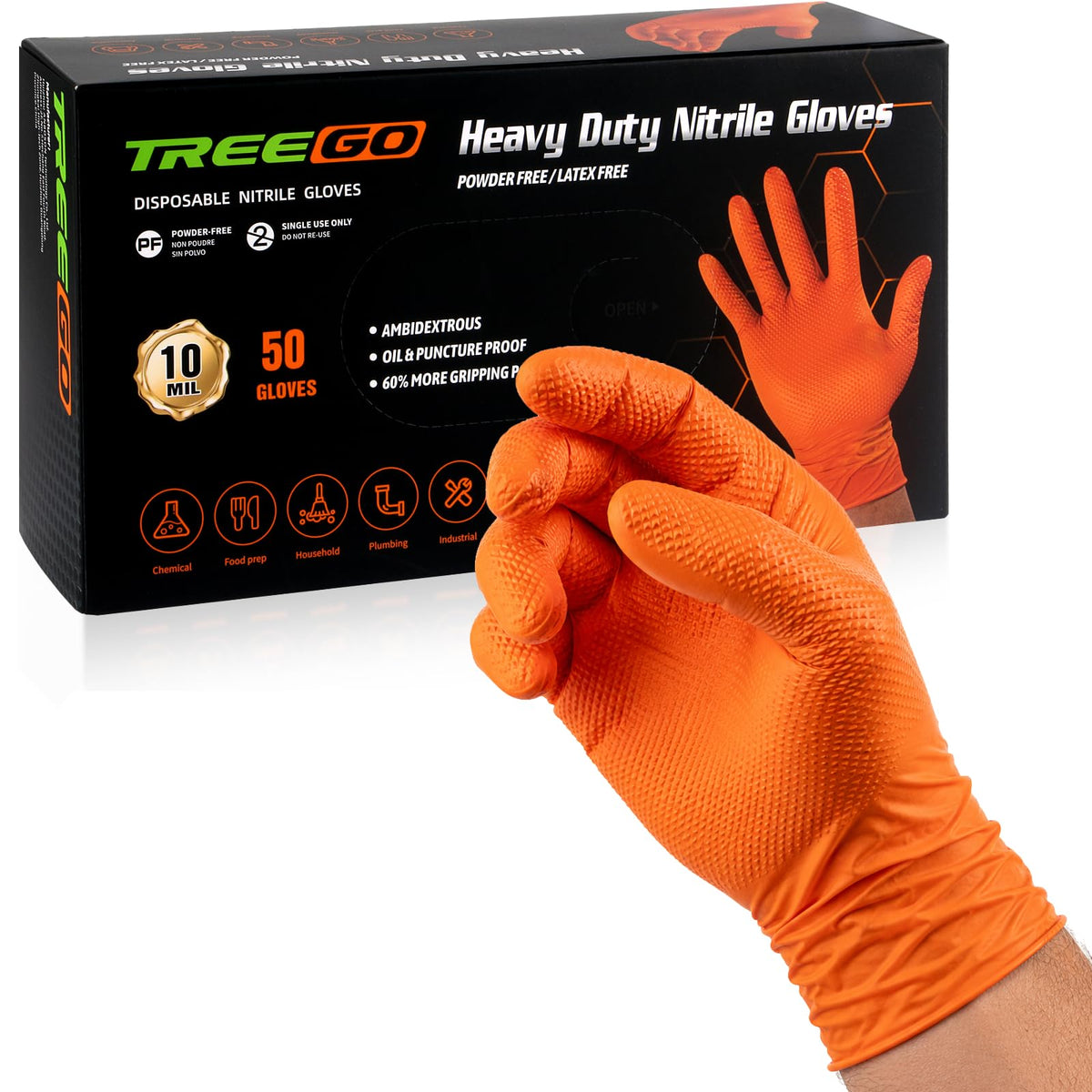 TREEGO 10 Mil Heavy Duty Black Nitrile Mechanic Gloves, 50 Count L