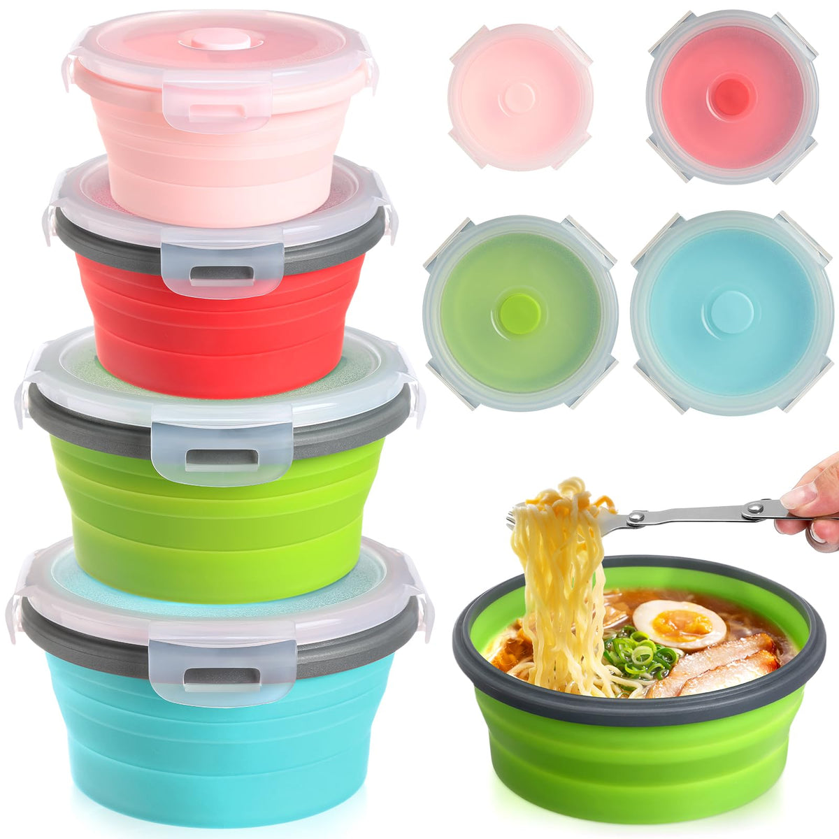 Suclain 4 Pcs Collapsible Bowls with Lids Silicone Camping Food Storage Container Expandable Folding Salad Lunch Box Travel Container for Hiking Camping