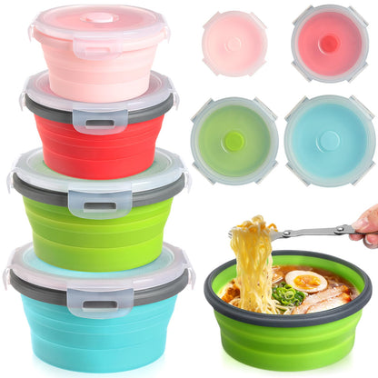 Suclain 4 Pcs Collapsible Bowls with Lids Silicone Camping Food Storage Container Expandable Folding Salad Lunch Box Travel Container for Hiking Camping