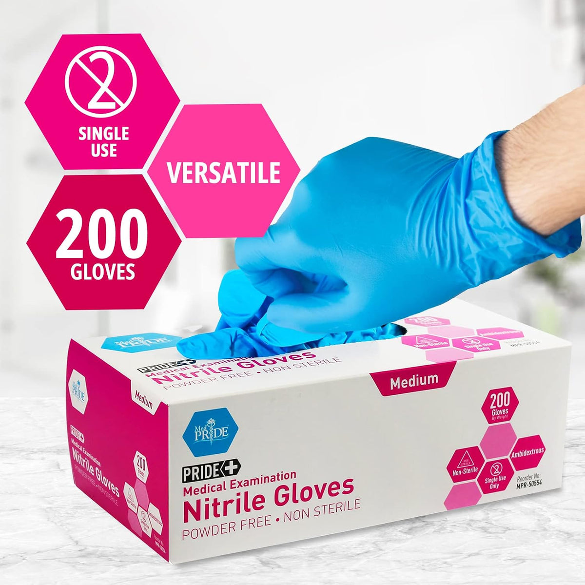 Medpride Medical Examination Nitrile Gloves| Medium Box of 200| Blue, Latex/Powder-Free, Non-Sterile Exam Gloves| Professional Grade for Hospitals, Law Enforcement, Tattoo Artists, First Response
