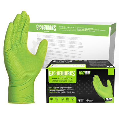 Gloveworks HD 8 mil Green Nitrile Disposable Industrial Gloves with Raised Diamond Texture - GWGN Box of 100 / Medium