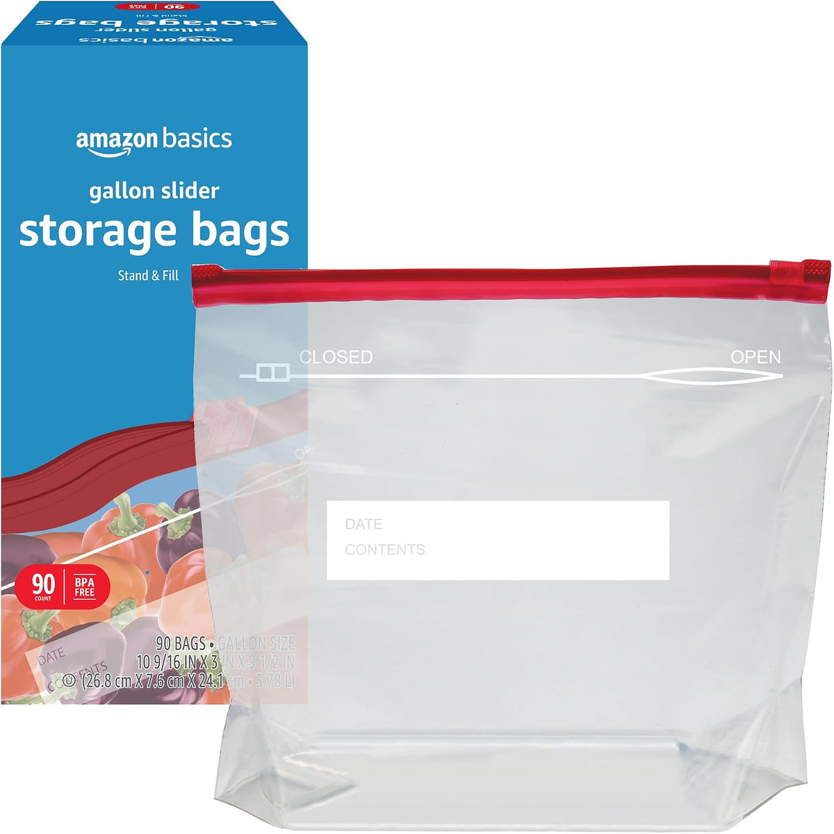 Amazon Basics Slider Gallon Food Storage Bags, BPA Free, Stand-Up Bottom, Easy to Fill, 90 Count