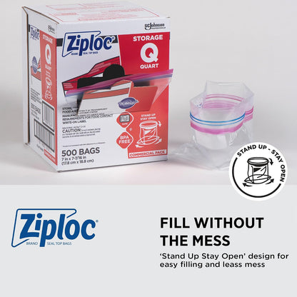 SC Johnson Professional, Ziploc Storage Bags, For Food Organization and Storage, Double Zipper Seal, Easy-Open Tabs Quart, 500 Count