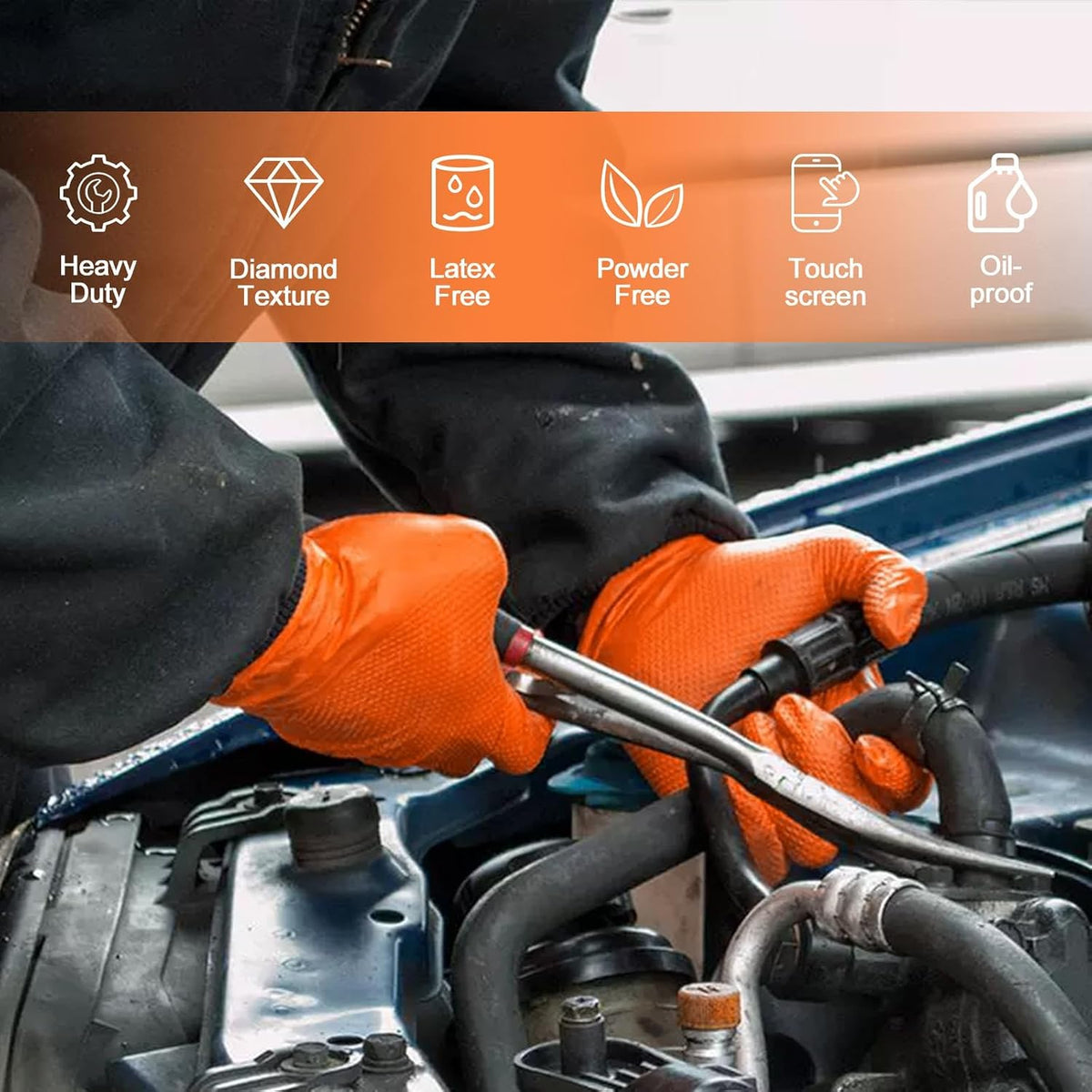PROMEDIX P Heavy Duty Nitrile Disposable Gloves,8-mil Orange,Raised Diamond Texture Work Gloves，Industrial Work gloves