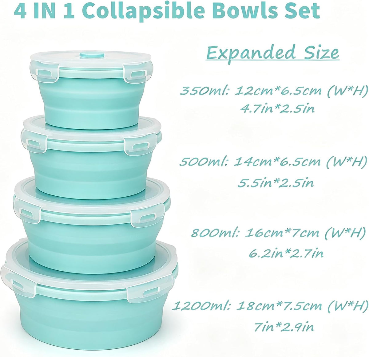 CARTINTS Silicone Collapsible Food Storage Containers-Prep/Storage Bowls with Lids – Set of 4 Round Silicone Lunch Containers – Microwave and Freezer Food Containers (Blue)