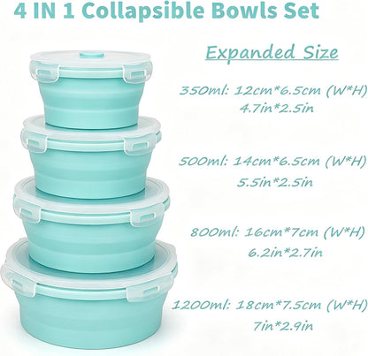 CARTINTS Silicone Collapsible Food Storage Containers-Prep/Storage Bowls with Lids – Set of 4 Round Silicone Lunch Containers – Microwave and Freezer Food Containers (Blue)