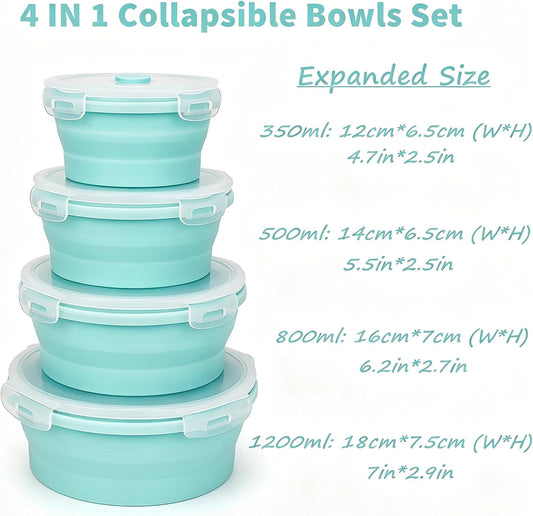 CARTINTS Silicone Collapsible Food Storage Containers-Prep/Storage Bowls with Lids – Set of 4 Round Silicone Lunch Containers – Microwave and Freezer Food Containers (Blue)