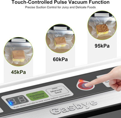 Gasbye 95kPa Precision Vacuum Sealer Machine, Double Heat Seal for Dry/Moist Food, Easy-Lock Handle, Built-in Bag Storage & Cutter, Progress Display, Pulse Mode, Removable Drip Tray, Silver