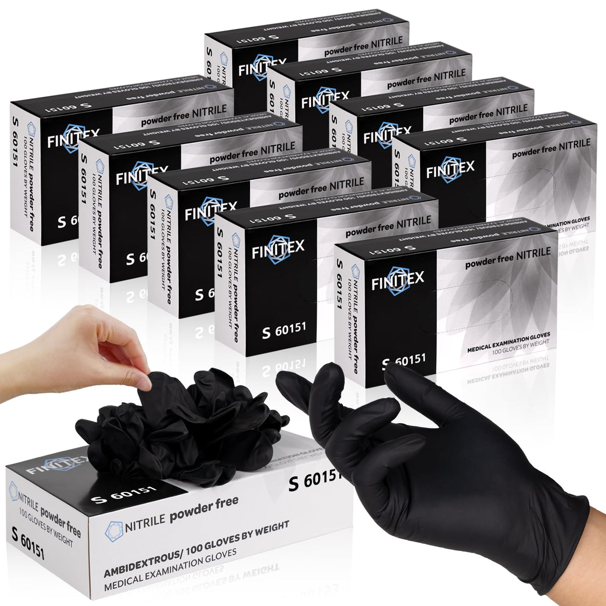 FINITEX Black Nitrile Disposable Gloves Exam Gloves 3.2mil Case of 10 Boxes