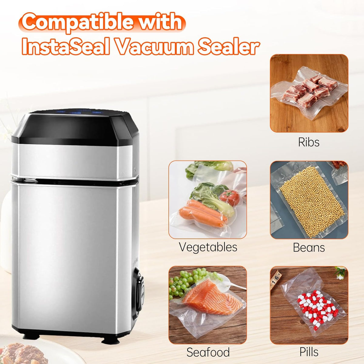 Upright Food Vacuum Sealer Bags Compatible with InstaSeal