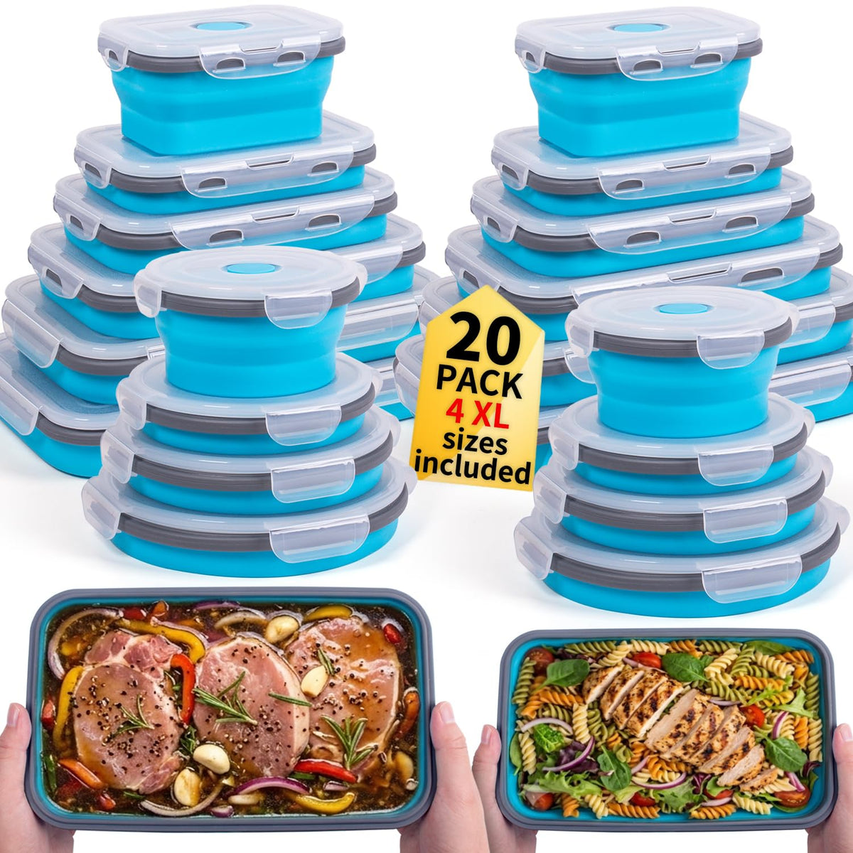 Collapsible Food Storage Containers with Lid & Air Vent, 8 Pack, 4 Rectangular + 4 Round, Annaklin Foldable Silicone Lunch Containers Collapsible Bowls Set, Microwave Freezer Dishwasher Safe, 4 Colors