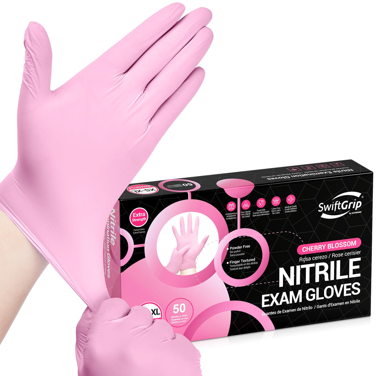 SwiftGrip Nitrile Exam Gloves, 4 Mil, Cherry Blossom, Food Safe Gloves Disposable Latex Free, Powder Free