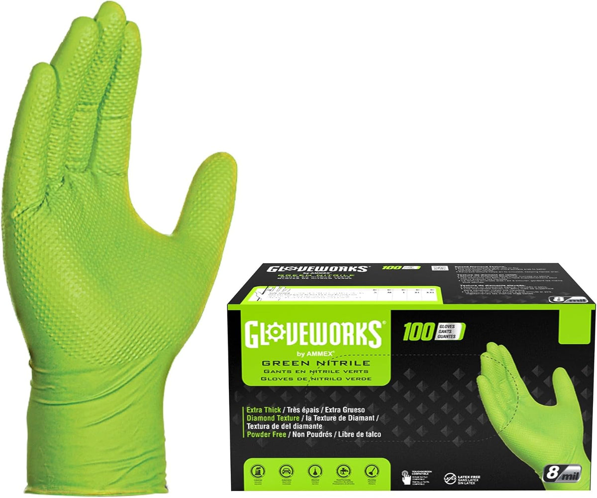 Gloveworks HD 8 mil Green Nitrile Disposable Industrial Gloves with Raised Diamond Texture - GWGN Box of 100 / Medium