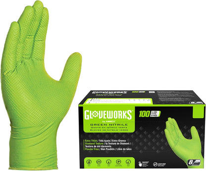 Gloveworks HD 8 mil Green Nitrile Disposable Industrial Gloves with Raised Diamond Texture - GWGN Box of 100 / Medium