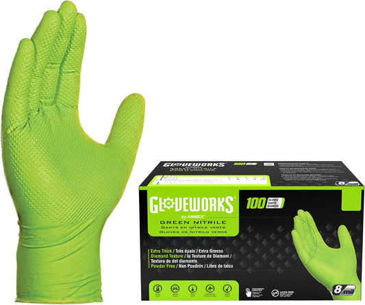 Gloveworks HD 8 mil Green Nitrile Disposable Industrial Gloves with Raised Diamond Texture - GWGN Box of 100 / Medium