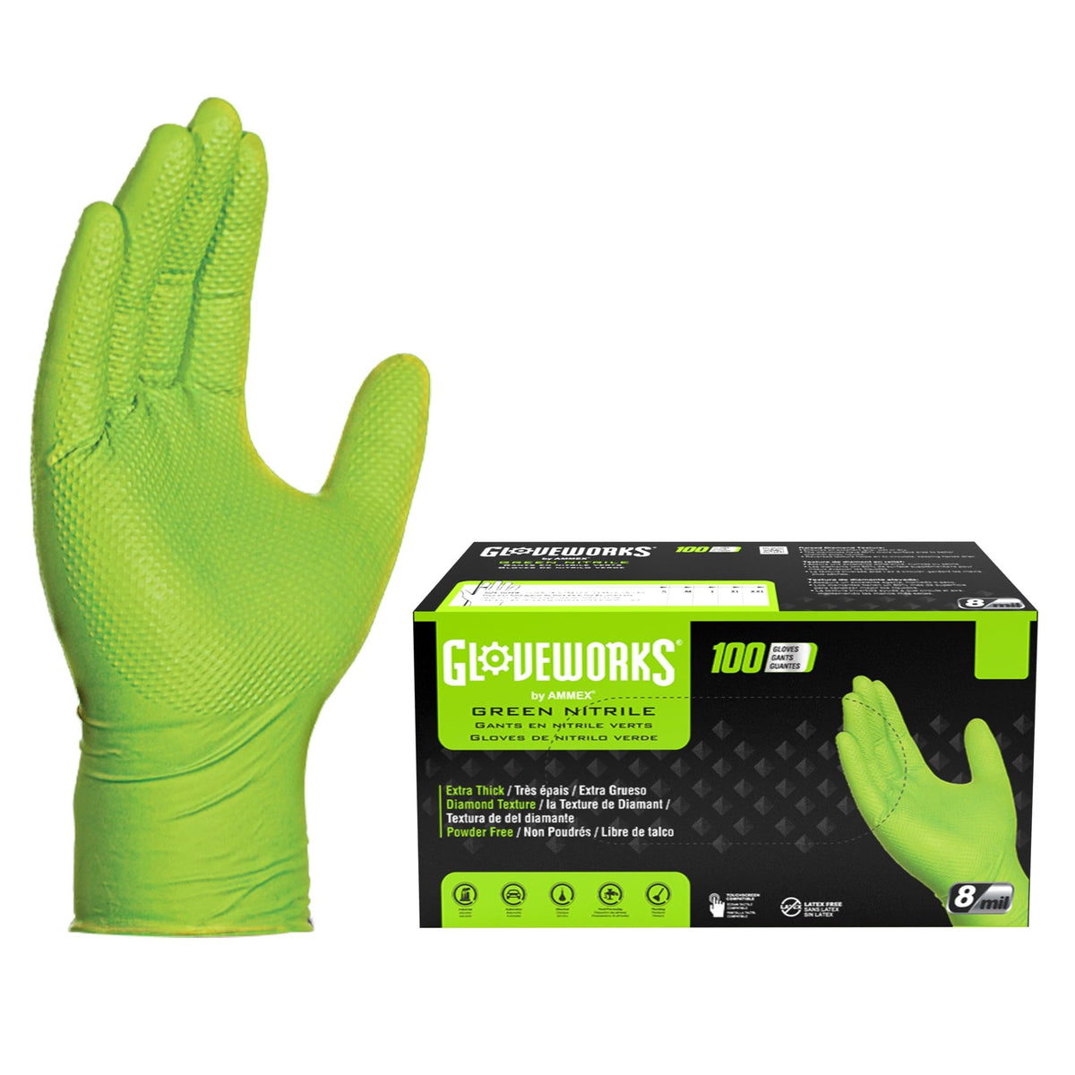 Gloveworks HD 8 mil Green Nitrile Disposable Industrial Gloves with Raised Diamond Texture - GWGN Box of 100 / Medium