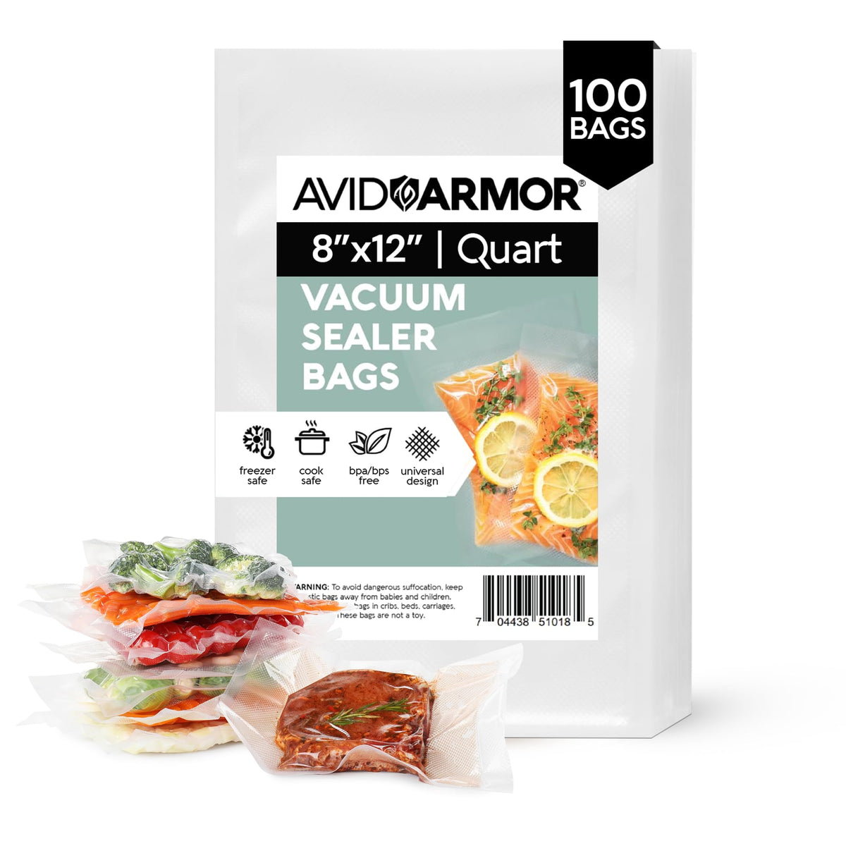 Avid Armor Food Vacuum Sealer Bags – 100-Pack, 8x12” Quart Freezer Bags