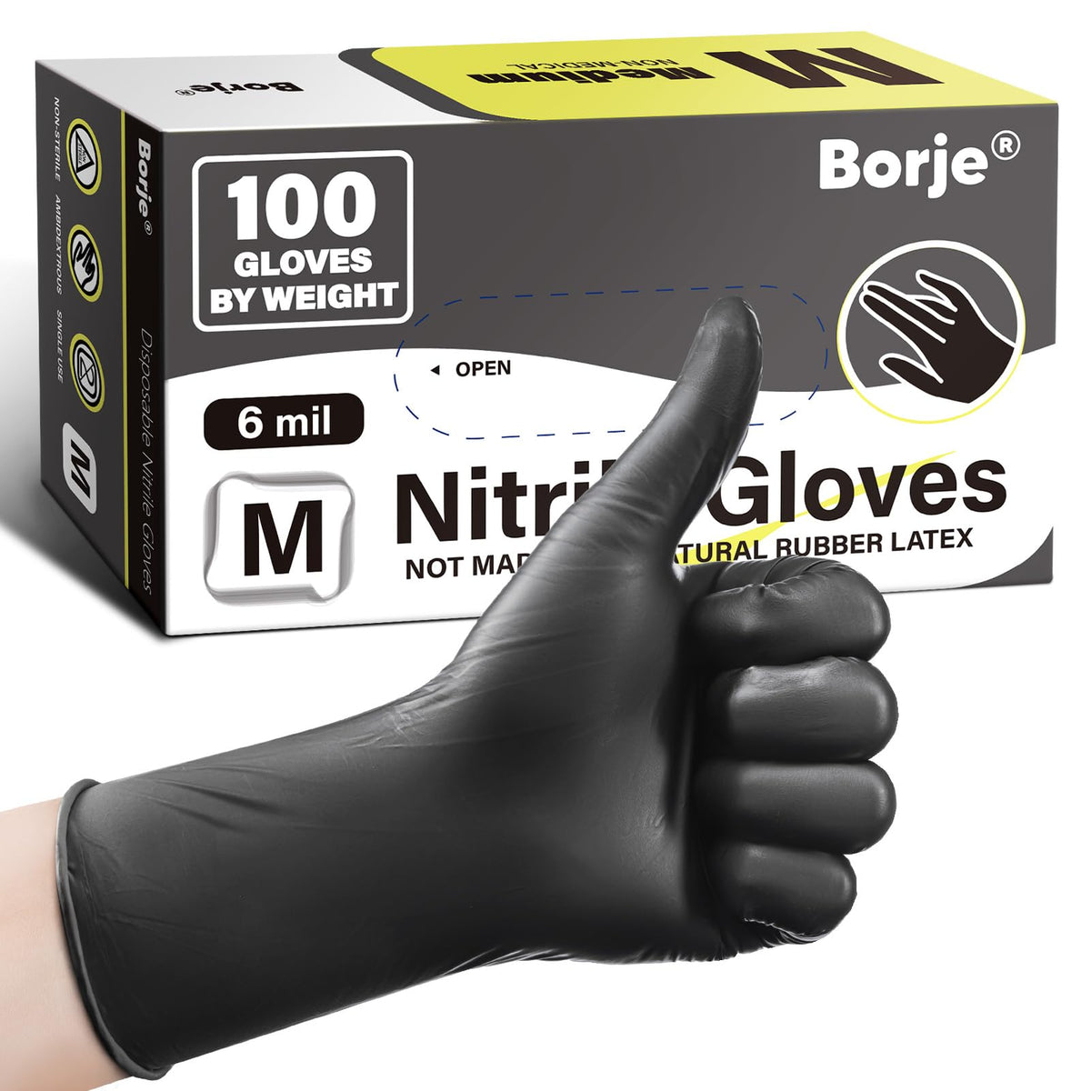 Borje Nitrile Gloves XL, 100 Count Disposable Gloves, Black, Latex-Free Powder-Free, Medical Exam, Food Safe, Cleaning, Cooking