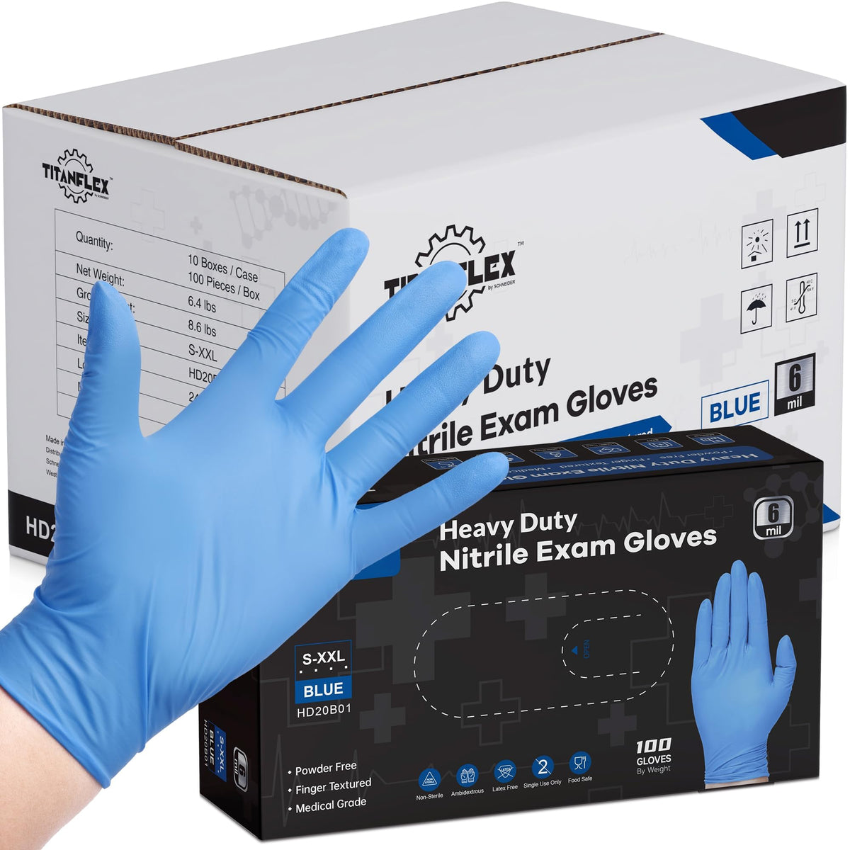 TitanFlex Nitrile Exam Gloves, Blue, 6-mil, Heavy Duty Nitrile Gloves, Mechanic Disposable Gloves, Latex Free, Powder Free