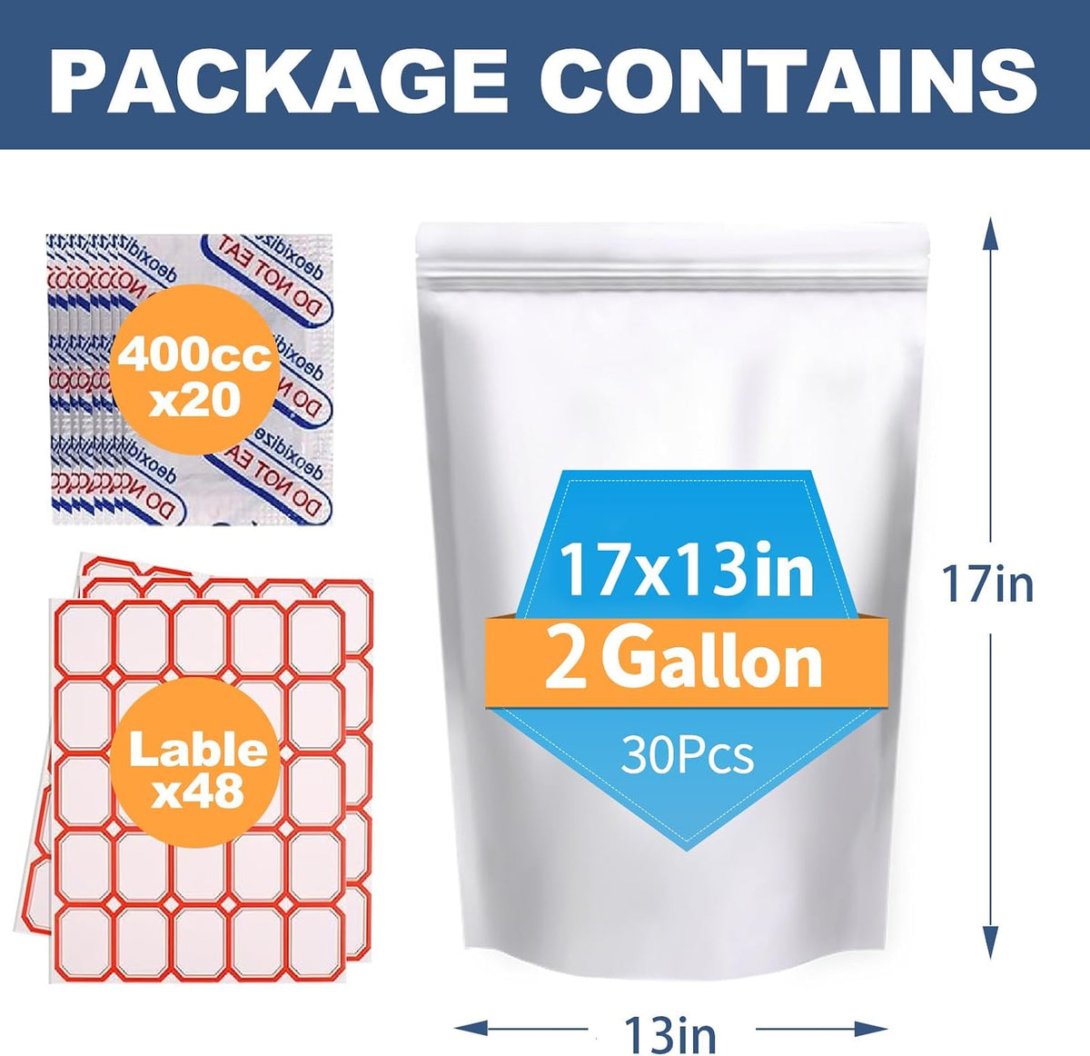 30PCS 2Gallon 17"X13" Mylar Bags for Food Storage with Oxygen Absorbers&Lables,10 Mil Thick Resealable Stand-Up Zipper&Heat Sealable Bags for Long Term Food Storage,Dried Food