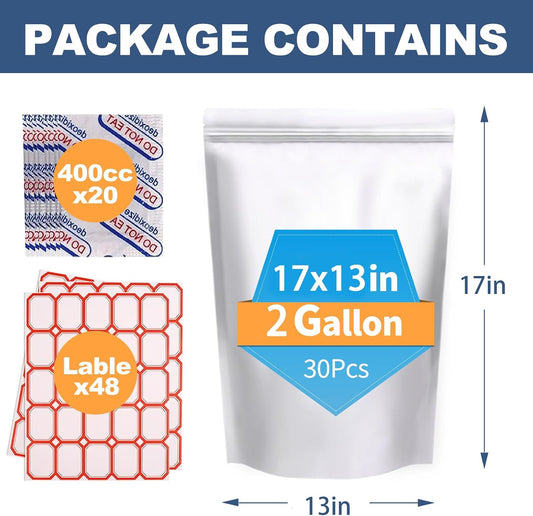 30PCS 2Gallon 17"X13" Mylar Bags for Food Storage with Oxygen Absorbers&Lables,10 Mil Thick Resealable Stand-Up Zipper&Heat Sealable Bags for Long Term Food Storage,Dried Food