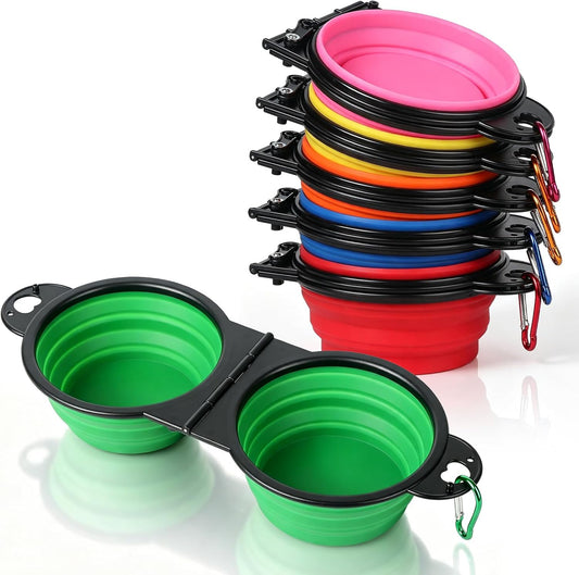 6 Pack Collapsible Dog Bowls Dual Travel Bowls, 180° Foldable Pet Water Food Feeder with Reinforced Rim & Lock Clips, Portable Dog Bowls for Walking Hiking Camping (6 Colors)