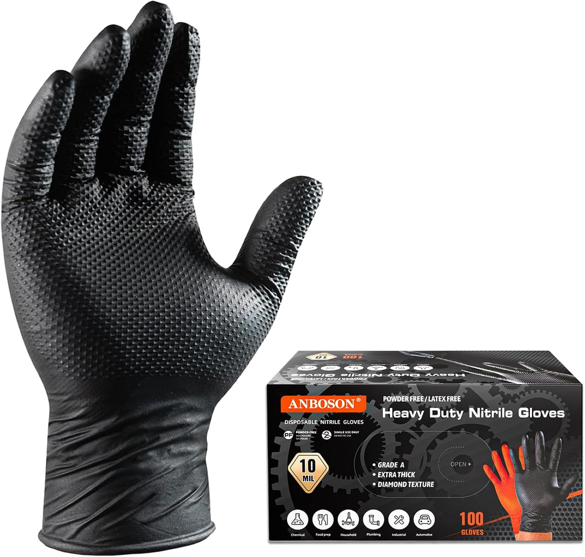 ANBOSON 10 Mil Heavy Duty Diamond Texture Nitrile Gloves, X-Large, 100 Ct