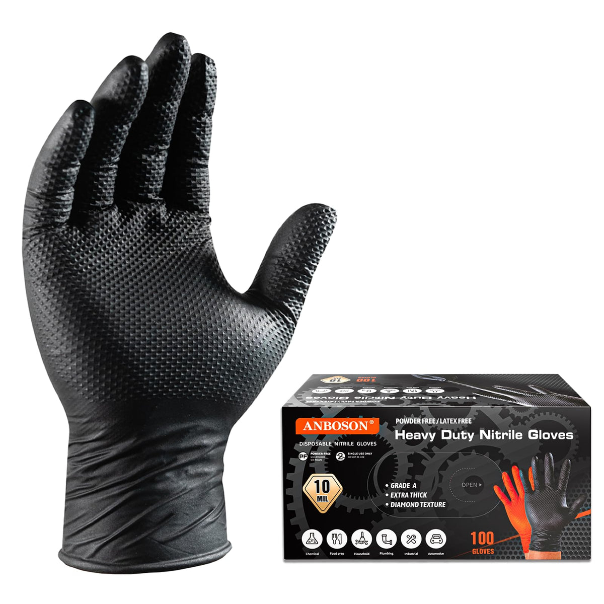 ANBOSON 10 Mil Heavy Duty Diamond Texture Nitrile Gloves, X-Large, 100 Ct